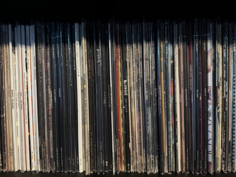 A shelf of vinyl records lined up spine-out